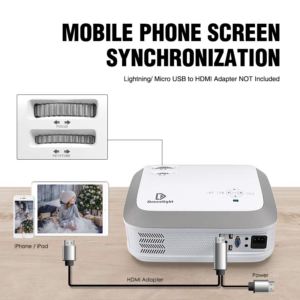 Projector, Dracolight 2020 6000 Lux Video Projector 50000 Hours Lamp Life Support 1080P Full Hd, Compatible With Fire Tv Stick,